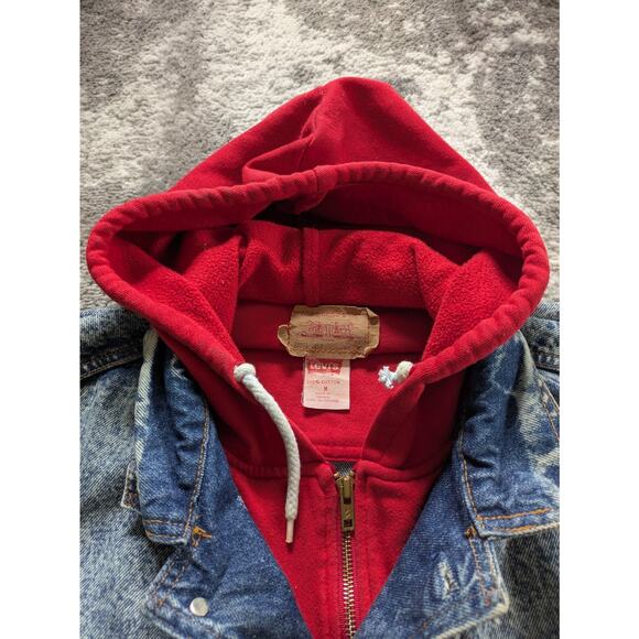 VTG 80s Levis Denim Trucker Jacket Acid Wash Fleece Hood - Medium Made in Canada - Picture 11 of 16